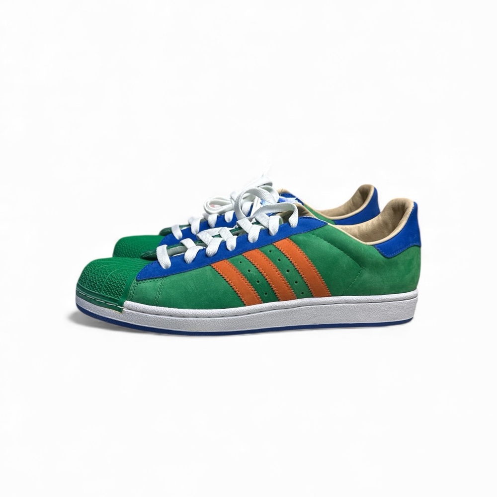 adidas Men's Superstar 1 Green and Blue Sneakers with Orange Stripes